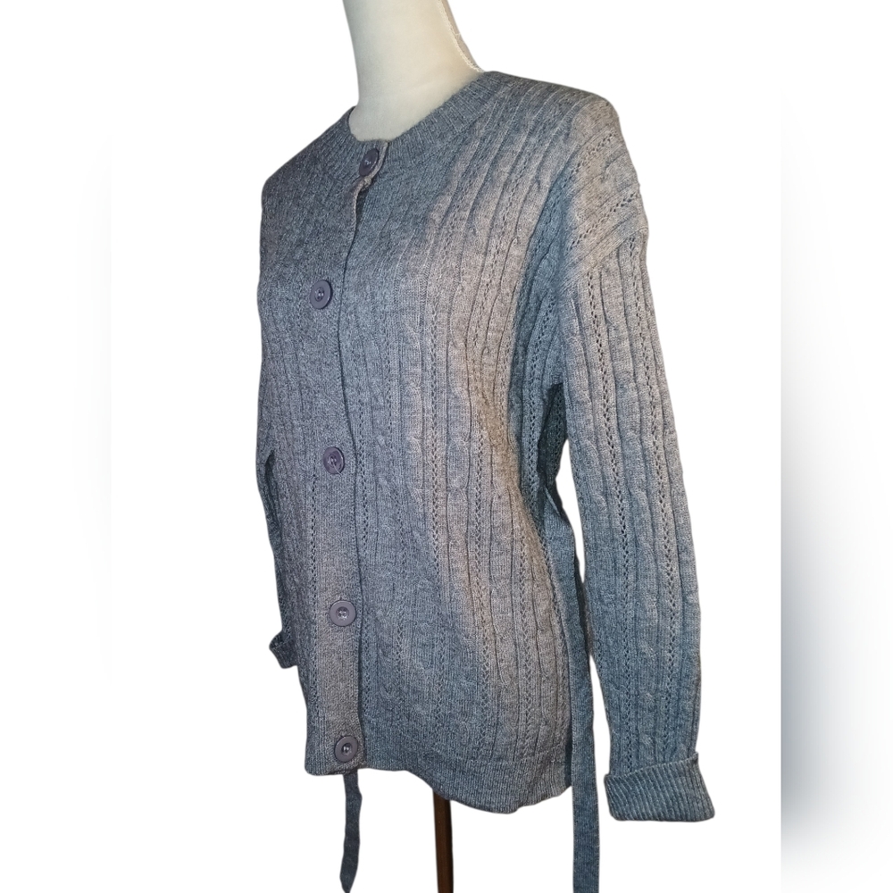 NWOT Cashmere Grey Cable Knit Belted Cardigan Sixe L/XL